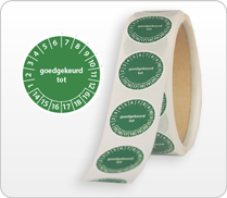 Keuringsstickers op rol met centraal tekst Goedgekeurd tot groen Keuringsstickers op rol met centraal tekst Goedgekeurd tot groen