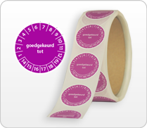 Keuringsstickers op rol met centraal tekst Goedgekeurd tot paars Keuringsstickers op rol met centraal tekst Goedgekeurd tot paars