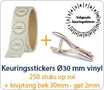 Volgende keuringsdatum - rond 30mm pakketten op rol zwart wit