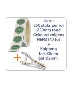 Keuringssticker pakket op rol gekeurd volgens NEN3140 tot  Ø30 mm standaard vinyl  1x rol van 250 stuks per rol + kniptang 30mm gat 2mm