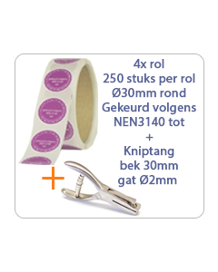 Keuringssticker pakket op rol gekeurd volgens NEN3140 tot  Ø30 mm standaard vinyl  4x rol van 250 stuks per rol + kniptang 30mm gat 2mm