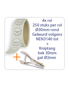 Keuringssticker pakket op rol gekeurd volgens NEN3140 tot  Ø30 mm standaard vinyl  4x rol van 250 stuks per rol + kniptang 30mm gat 2mm