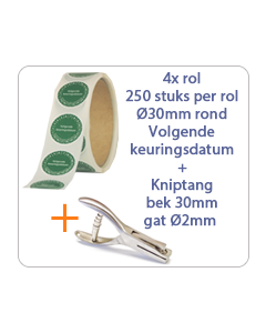 Keuringssticker pakket op rol Volgende keuringdatum Ø30 mm standaard vinyl  3x rol van 250 stuks per rol + kniptang 30mm gat 2mm