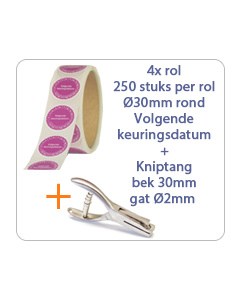 Keuringssticker pakket op rol Volgende keuringdatum Ø30 mm standaard vinyl  3x rol van 250 stuks per rol + kniptang 30mm gat 2mm