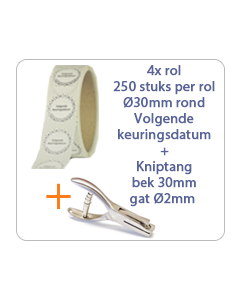 Keuringssticker pakket op rol Volgende keuringdatum Ø30 mm standaard vinyl  3x rol van 250 stuks per rol + kniptang 30mm gat 2mm