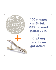 Ø 30 mm. standaard vinyl - 100 stroken van 5 stuks keuringsstickers jaartal 2017 grijs + Kniptang 30 mm - gat 2mm
