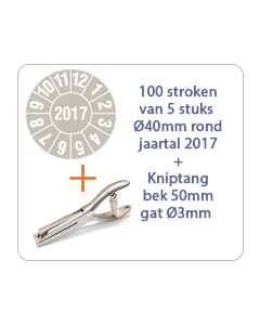 Ø 40 mm. standaard vinyl - 100 stroken van 5 stuks keuringsstickers jaartal 2017 grijs + Kniptang 50 mm - gat 3mm