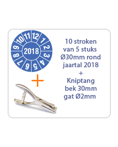 Ø 30 mm. standaard vinyl - 10 stroken van 5 stuks keuringsstickers jaartal 2018 blauw + Kniptang 30 mm - gat 2mm