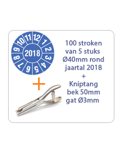 Ø 40 mm. standaard vinyl - 100 stroken van 5 stuks keuringsstickers jaartal 2018 blauw + Kniptang 50 mm - gat 3mm