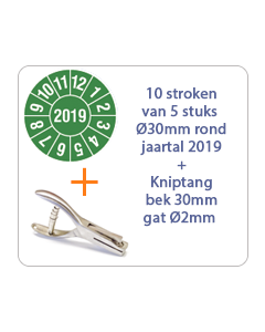 Ø 30 mm. standaard vinyl - 10 stroken van 5 stuks keuringsstickers jaartal 2019 groen + Kniptang 30 mm - gat 2mm