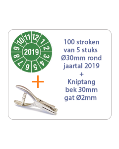 Ø 30 mm. standaard vinyl - 100 stroken van 5 stuks keuringsstickers jaartal 2019 groen + Kniptang 30 mm - gat 2mm