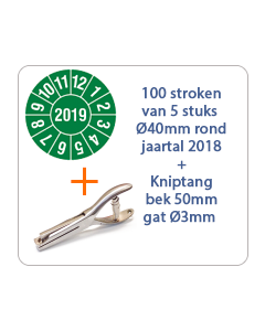Ø 40 mm. standaard vinyl - 100 stroken van 5 stuks keuringsstickers jaartal 2019 groen + Kniptang 50 mm - gat 3mm
