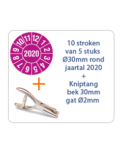 Ø 30 mm. standaard vinyl - 10 stroken van 5 stuks keuringsstickers jaartal 2020 paars + Kniptang 30 mm - gat 2mm