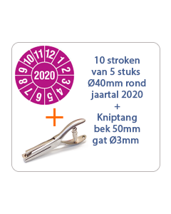 Ø 40 mm. standaard vinyl - 10 stroken van 5 stuks keuringsstickers jaartal 2020 paars + Kniptang 50 mm - gat 3mm