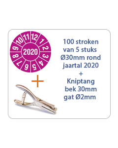 Ø 30 mm. standaard vinyl - 100 stroken van 5 stuks keuringsstickers jaartal 2020 paars + Kniptang 30 mm - gat 2mm