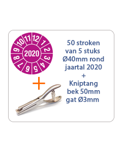 Ø 40 mm. standaard vinyl - 50 stroken van 5 stuks keuringsstickers jaartal 2020 paars + Kniptang 50 mm - gat 3mm