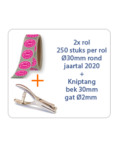 Ø 30 mm. standaard vinyl - 2x rol van 250 stuks op rol keuringsstickers jaartal 2020 paars + Kniptang 30 mm - gat 2mm