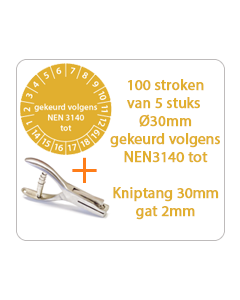 Ø 30 mm. standaard vinyl - 100 stroken van 5 stuks keuringsstickers gekeurd volgens NEN3140 tot oranje + Kniptang 30 mm - gat 2mm