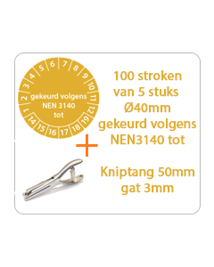 Ø 40 mm. standaard vinyl - 100 stroken van 5 stuks keuringsstickers gekeurd volgens NEN3140 tot oranje + Kniptang 50 mm - gat 3mm