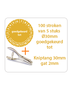 Ø 30 mm. standaard vinyl - 100 stroken van 5 stuks keuringsstickers goedgekeurd tot oranje + Kniptang 30 mm - gat 2mm
