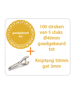 Ø 40 mm. standaard vinyl - 100 stroken van 5 stuks keuringsstickers goedgekeurd tot oranje + Kniptang 50 mm - gat 3mm