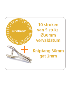 Ø 30 mm. standaard vinyl - 10 stroken van 5 stuks keuringsstickers vervaldatum oranje + Kniptang 30 mm - gat 2mm