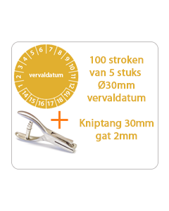 Ø 30 mm. standaard vinyl - 100 stroken van 5 stuks keuringsstickers vervaldatum oranje + Kniptang 30 mm - gat 2mm