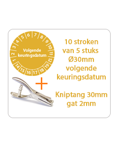Ø 30 mm. standaard vinyl - 10 stroken van 5 stuks keuringsstickers volgende keuringsdatum oranje + Kniptang 30 mm - gat 2mm