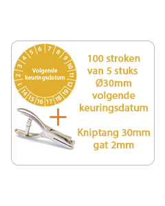 Ø 30 mm. standaard vinyl - 100 stroken van 5 stuks keuringsstickers volgende keuringsdatum oranje + Kniptang 30 mm - gat 2mm