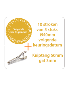 Ø 40 mm. standaard vinyl - 10 stroken van 5 stuks keuringsstickers volgende keuringsdatum oranje + Kniptang 50 mm - gat 3mm