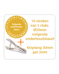 Ø 30 mm. standaard vinyl - 10 stroken van 5 stuks keuringsstickers Volgende onderhoudsbeurt oranje + Kniptang 30 mm - gat 2mm