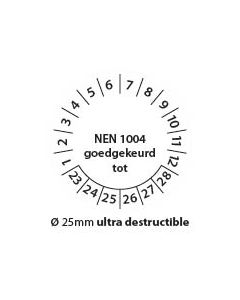 Keuringstickers-nen1004-zwart-wit-25mm-ultra-destructable-rond