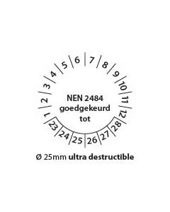 Keuringstickers-nen2484-zwart-wit-25mm-ultra-destructible-rond