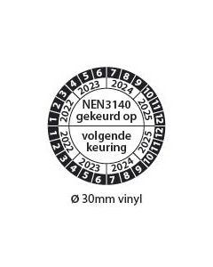 Keuringsticker-NEN3140-gekeurd-op-volgende-keuring-zwart-wit-30mm-vinyl-rond