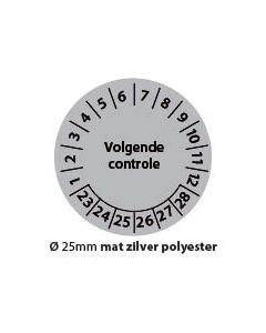 Keuringstickers-volgende-controle-zwart-wit-25mm-mat-zilver-polyester-rond