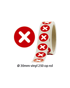 Rode sticker met wit kruis afgekeurd - vinyl 30mm op rol 250 stuks